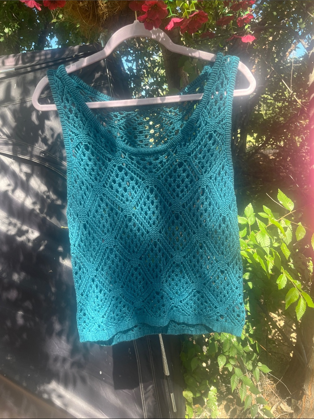 Teal Crochet Openwork Tank Top for Women